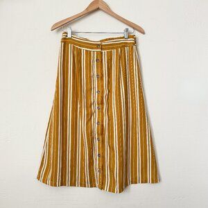 Mid-Calf Length Button Down Skirt - Ivory and Mustard Yellow Stripe - Med